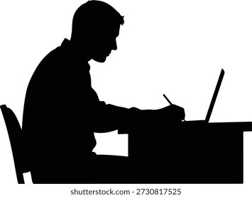 Silueta de Vector negro aislado de un hombre sentado en un escritorio, centrado en escribir o estudiar mientras una computadora portátil está abierta a su lado. Ideal para ilustrar conceptos de productividad empresarial, trabajo remoto, educación, concentración, administración o tarea sobre un fondo blanco limpio.
