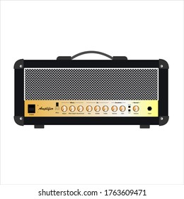 Isolated black vintage electric guitar amplifier, equipment for musician flat logo or icon style, print for tee-shirt and graphic design, Musical sales business. vector and illustration.
