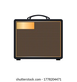Isolated black vintage electric guitar combo amplifier flat logo or icon style, print for tee-shirt, and graphic design for instrument sales business. vector and illustration.