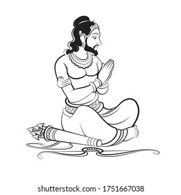 isolated black and white ancient sri lanka king with bow and arrows cartoon