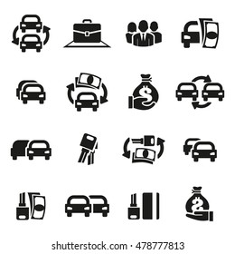 Isolated black and white automobile business logo set. Cars rental logotypes collection. Transport sale icons. Rent auto symbols. Vector illustration.