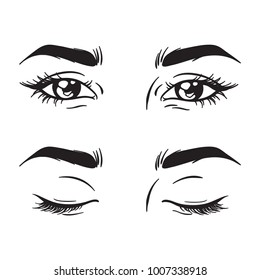 Isolated black and white beautiful female eyes set - open and closed. Makeup blank template vector illustration