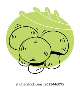 Isolated black and white champignons in doodle style. Hand drawn mushrooms on abstract forest background.
