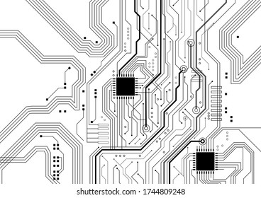 Isolated black and white circuit in detailed technology background, silhouette microprocessor, microchip in close up