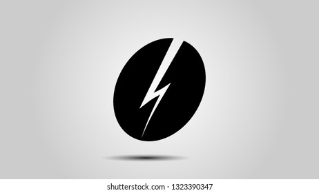 An isolated black and white coffee bean with a lightning in the middle. Lightning symbolizes the energy that coffee gives us.