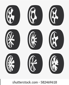 Isolated black and white color alloy wheels logo collection, car elements logotype set vector illustration