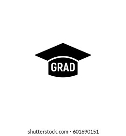 Isolated black and white color bachelor hat with word grad logo, students graduation uniform logotype, education element vector illustration.