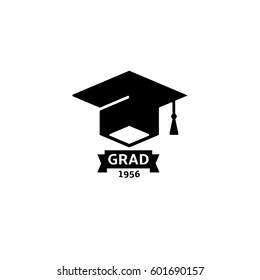 Isolated black and white color bachelor hat with word grad logo, students graduation uniform logotype, education element vector illustration.