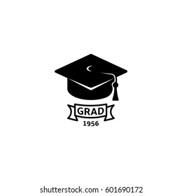 Isolated black and white color bachelor hat with word grad logo, students graduation uniform logotype, education element vector illustration.