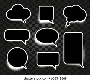 Isolated black and white color comics speech balloons collection on checkered background, vector illustration.