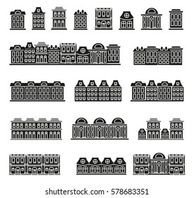 Isolated black and white color low-rise municipal houses in lineart style icons collection, elements of urban architectural buildings vector illustrations set