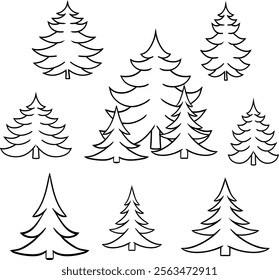 Isolated black and white color pine trees in graphic lineart style set, forest, park and garden tree vector signs collection

