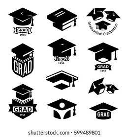 Isolated black and white color students graduation hat logo collection, mortarboard of books logotype set, university grad emblems, education element vector illustration.