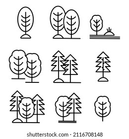 Isolated black and white color trees in lineart style set, forest, park and garden tree flat signs collection. tree flat licon.