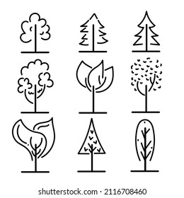 Isolated black and white color trees in lineart style set, forest, park and garden tree flat signs collection. tree flat licon.