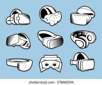 Isolated black and white color vr headset in flat style logos set on blue background
