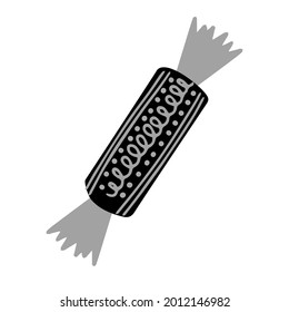 Isolated black and white design illustration of silhouette of sweet candy with ornament. The design is perfect for stickers, badges, coloring, decorations, packaging