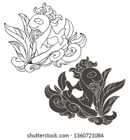 Isolated black and white design with outlined drawings of sloth and whale hugging. The design can be used for stickers, clothes design, logo, tatoos, stationary, etc.