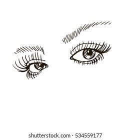 Isolated black and white female eyes. make up icon. hand drawn illustration