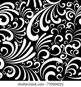 Isolated black white floral vector seamless pattern. Hand drawn vintage flowers, swirls, lines, curves. Beautiful ornaments. Flourish decorative background. Elegance texture for fabric, wallpapers