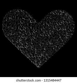 Isolated black white gradient floral vector seamless pattern in form of heart. Hand drawn vintage flowers, swirls, lines, curves. Beautiful heart ornament. Flourish decorative background.