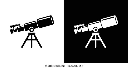Isolated black and white graphic features a telescope mounted on a tripod, used for stargazing. The design is minimalistic and suitable for astronomical themes.