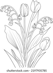 dibujado a mano blanca y negra aislada, hoja de flor de tulipán y colección botánica de brotes, boceto de lápiz de ilustración vectorial hoja natural, página de verano de coloración floral para adultos y niños.