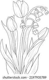 isolated black and white hand drawn, tulip flower leaf and buds botanic collection, pencil sketch of vector illustration natural leaf, summer floral coloring page for adult and children.