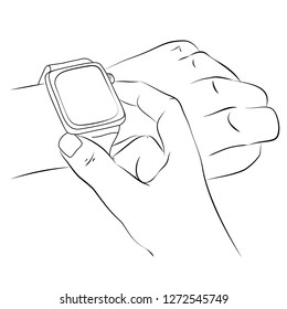 Isolated black and white hand-drawn outline of human hands with electronic watch, modern technology concept, technological progress. wristwatch