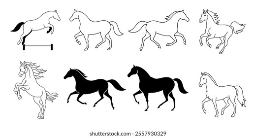 Isolated black and white horses vector set silhouettes and line art trotting, galloping, jumping, rearing, dynamic equine illustrations for design projects and commercial use