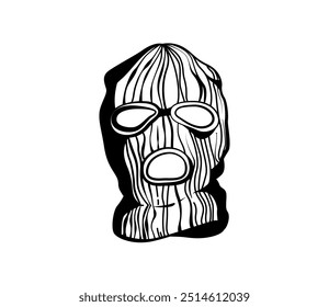 Schwarz-Weiß-Illustration einer Balaclava mit fetten Linien und einer rauen Textur, die ein Symbol des Straßenlebens und der kriminellen Kultur darstellt. Street Art, Flash Tattoo Stil. Vektorgrafik