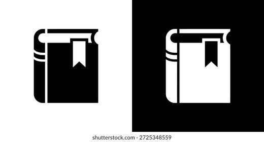 Ilustração isolada em preto e branco apresenta um livro fechado com um marcador. Ícone simples e limpo para elementos educacionais, informativos ou de design.