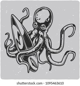 Isolated black and white illustration with octopus and surfing board