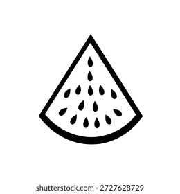 Ilustração isolada em preto e branco de uma fatia de melancia. O design inclui um esboço arrojado e formas de lágrimas pretas representando as sementes dentro do fruto.