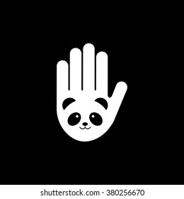 Isolated black and white image of panda head on hand vector logo. Save pandas symbol. Bamboo bear image. Extinct animal sign. Protect wild animals. Chinese nature. Volunteering logo.