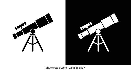 Imagens isoladas em preto e branco retratam um ícone de telescópio em um tripé, simbolizando a astronomia, a ciência, a observação estelar e a exploração do universo.