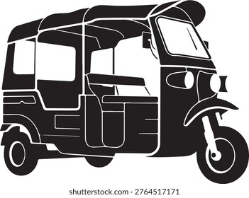 Isolated black and white line drawing of three wheeled auto rickshaw vehicle design