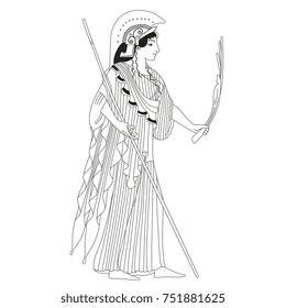 Isolated black and white linear illustration of ancient Greek goddess Athena. Based on authentic vase painting image.