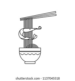 Isolated black and white outline icon. Ramen noodles with shrimps. Japanese or chinese restorant menu. Asian wok food in bowl