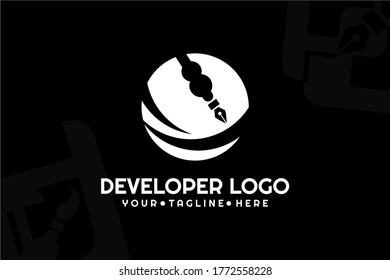 Isolated black and white Pen Developer Logogram Template for your business, programer development, developer company, web coding team, and many more.