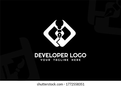 Isolated black and white Pen Developer Logogram Template for your business, programer development, developer company, web coding team, and many more.