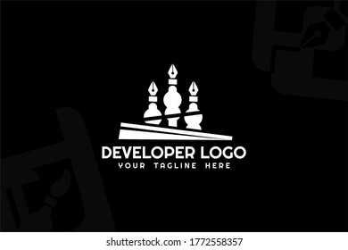 Isolated black and white Pen Developer Logogram Template for your business, programer development, developer company, web coding team, and many more.