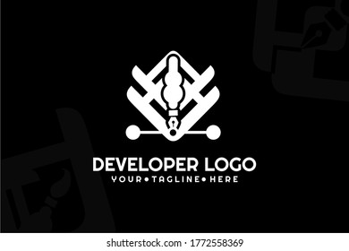 Isolated black and white Pen Developer Logogram Template for your business, programer development, developer company, web coding team, and many more.