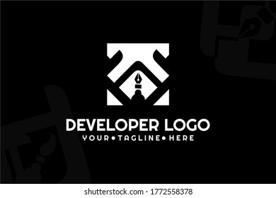 Isolated black and white Pen Developer Logogram Template for your business, programer development, developer company, web coding team, and many more.