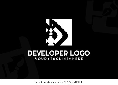 Plantilla de Logograma desarrollador de plumas blancas y negras aisladas para su negocio, desarrollo de programadores, empresa desarrolladora, equipo de codificación web y muchos más.