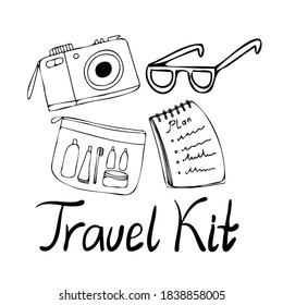 Isolated black and white set design illustration of lined travel kit with cosmetics set, camera and sunglasses. The design is perfect for coloring, stickers, badges, logos, textiles, advertisements
