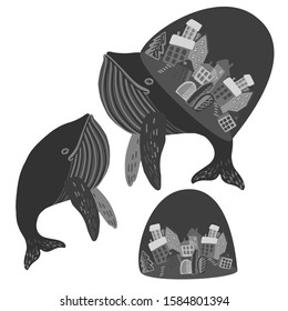 Isolated black and white set of designs of cartoon whales holding up a city. The design is perfectly suitable for clothes design, children decoration, stickers, stationary, tattoos.