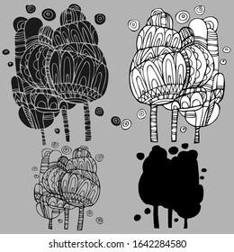 Isolated black and white set of vector design with silhouettes and lined trees. The design is perfect for stickers, badges, decorations, stationary and tattoos. 