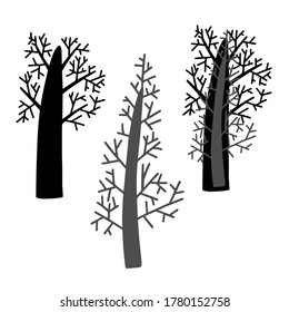 Isolated black and white set of vector design with silhouettes and lined trees. The design is perfect for stickers, badges, decorations, stationary and tattoos. 