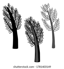 Isolated black and white set of vector design with silhouettes and lined trees. The design is perfect for stickers, badges, decorations, stationary and tattoos. 